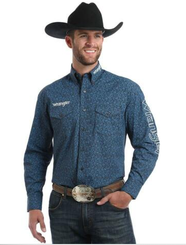 Wrangler® Logo Blue Paisley Button Down Shirt - El Nuevo Rancho Grande