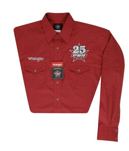 Wrangler® PBR 25th Logo Red Print Snap Shirt - El Nuevo Rancho Grande