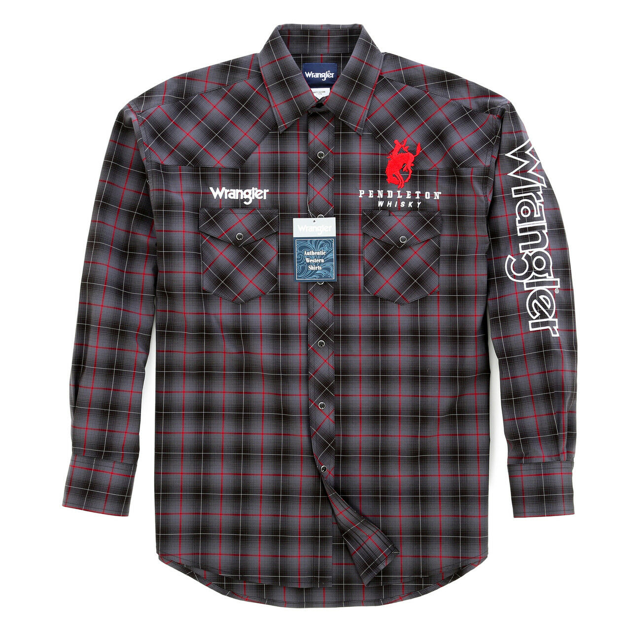 Wrangler® Pendleton Logo Black/Red Plaid Snap Shirt – El Nuevo Rancho Grande