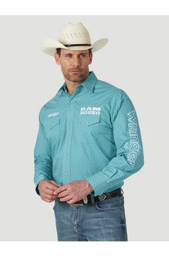Wrangler® RAM Logo Blue Print Snap Shirt – El Nuevo Rancho Grande