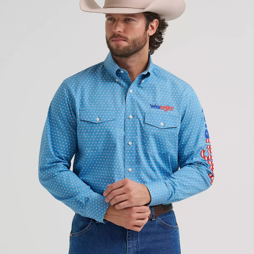 Men's Wrangler® Logo Long Sleeve Button-Down Print Shirt - Blue 112381985