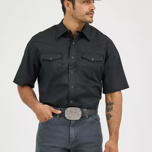 Men's Wrangler® Short Sleeve Solid Western Snap Sport Shirt - Black 71106BK