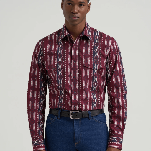 Men's Checotah® Long Sleeve Western Snap Printed Shirt - Burgundy/Blue 112385794