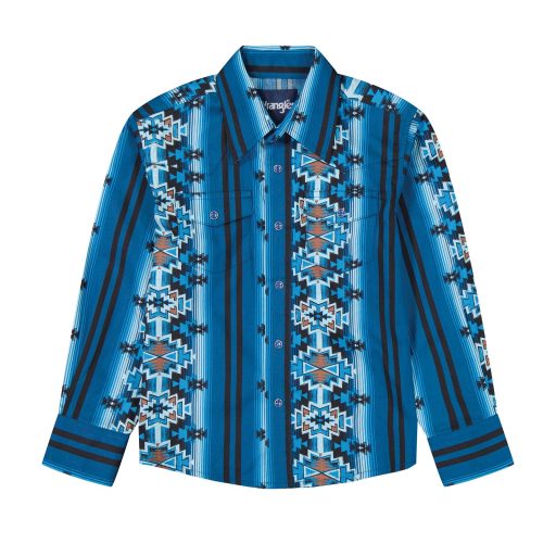 Boy's Wrangler Checotah/Aztec Print Long Sleeve Snap Shirt - Blue 112385822