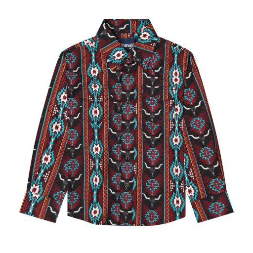 Boy's Wrangler Checotah/Aztec Print Long Sleeve Snap Shirt - Burgundy 112385916