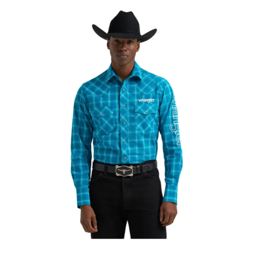 Wrangler® Mens Long Sleeve Logo Classic Fit Snap Shirt - Aqua Blue 112385930